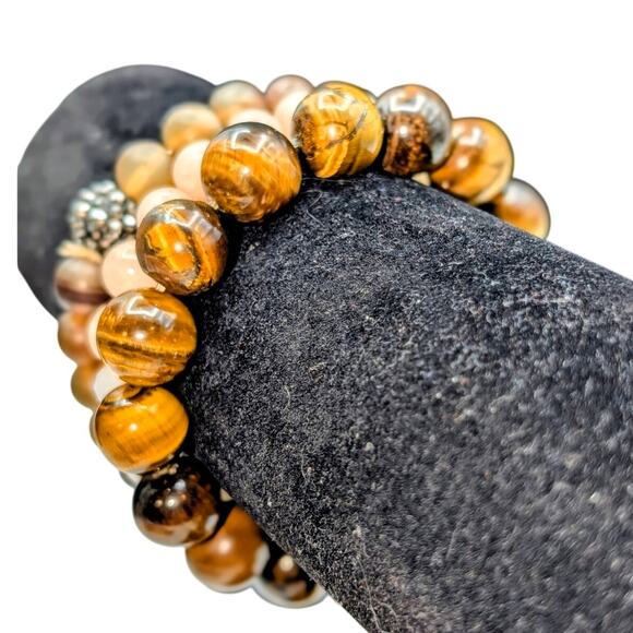 Lot of Three Stone Crystal Brown Pink Stretch Bracelets - Picture 2 of 4